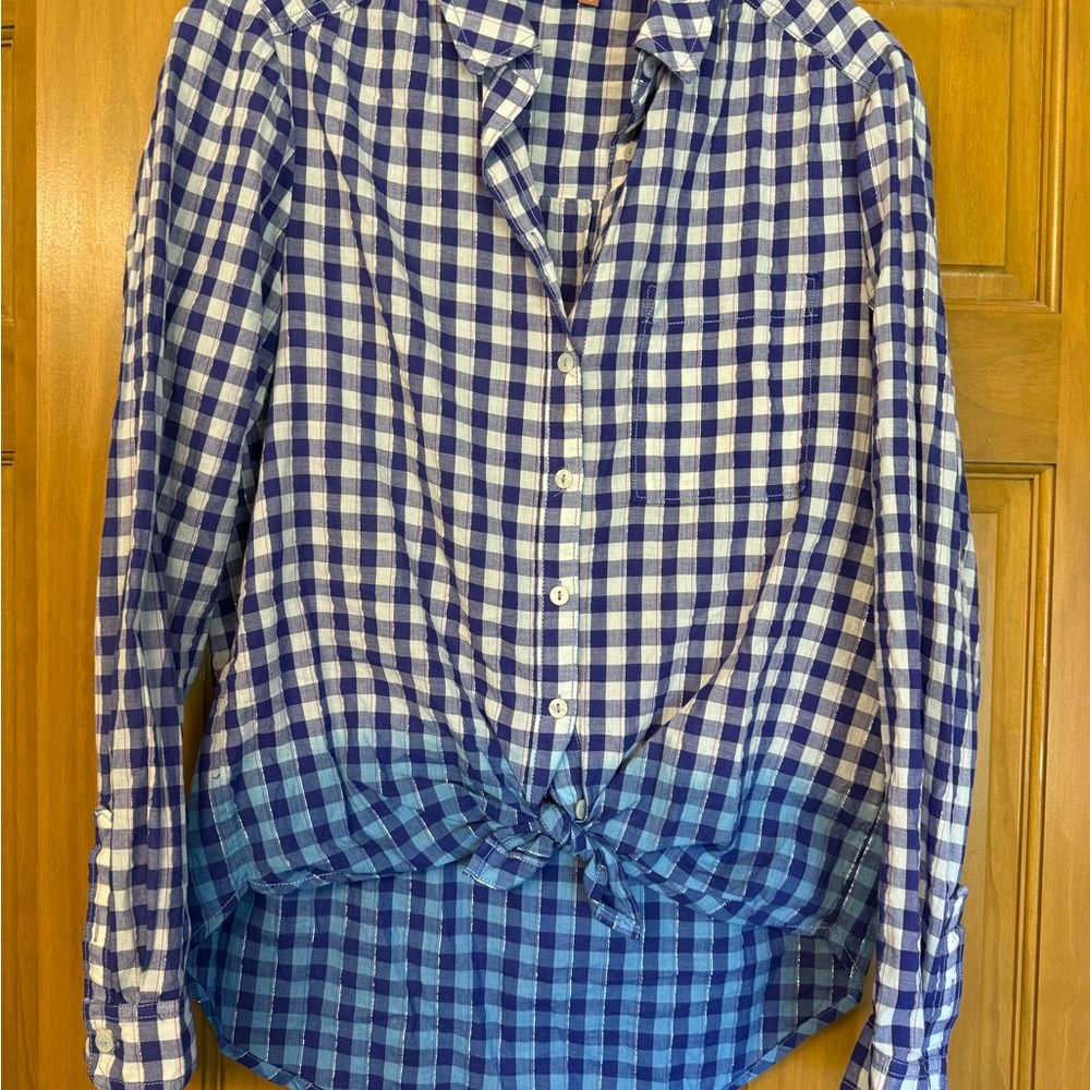 Pilcro Navy and White Gingham Tie-Front Button Shirt